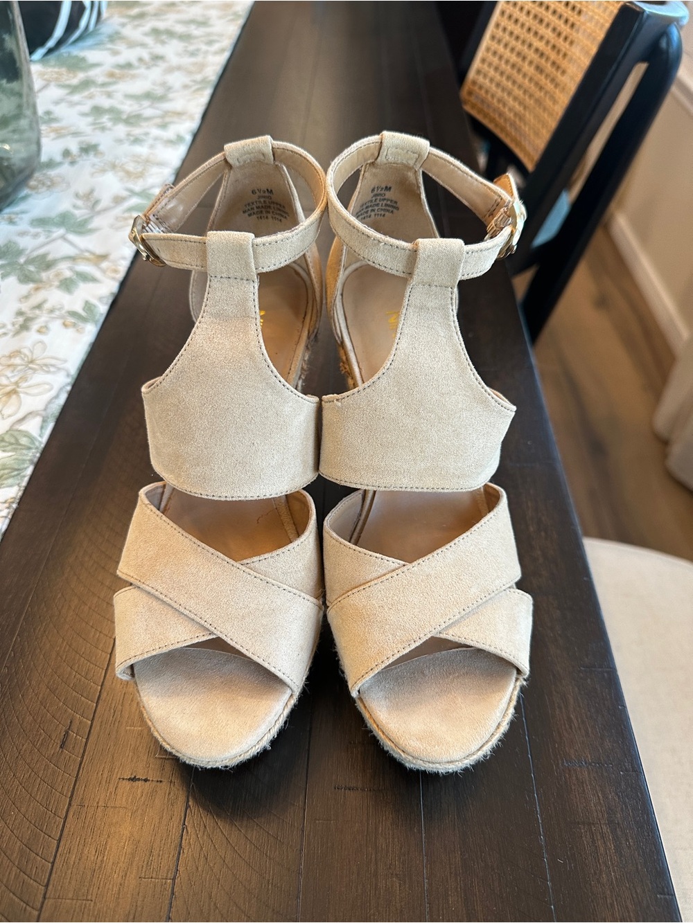 Nine West Beige Suede T-Strap Wedge Sandals